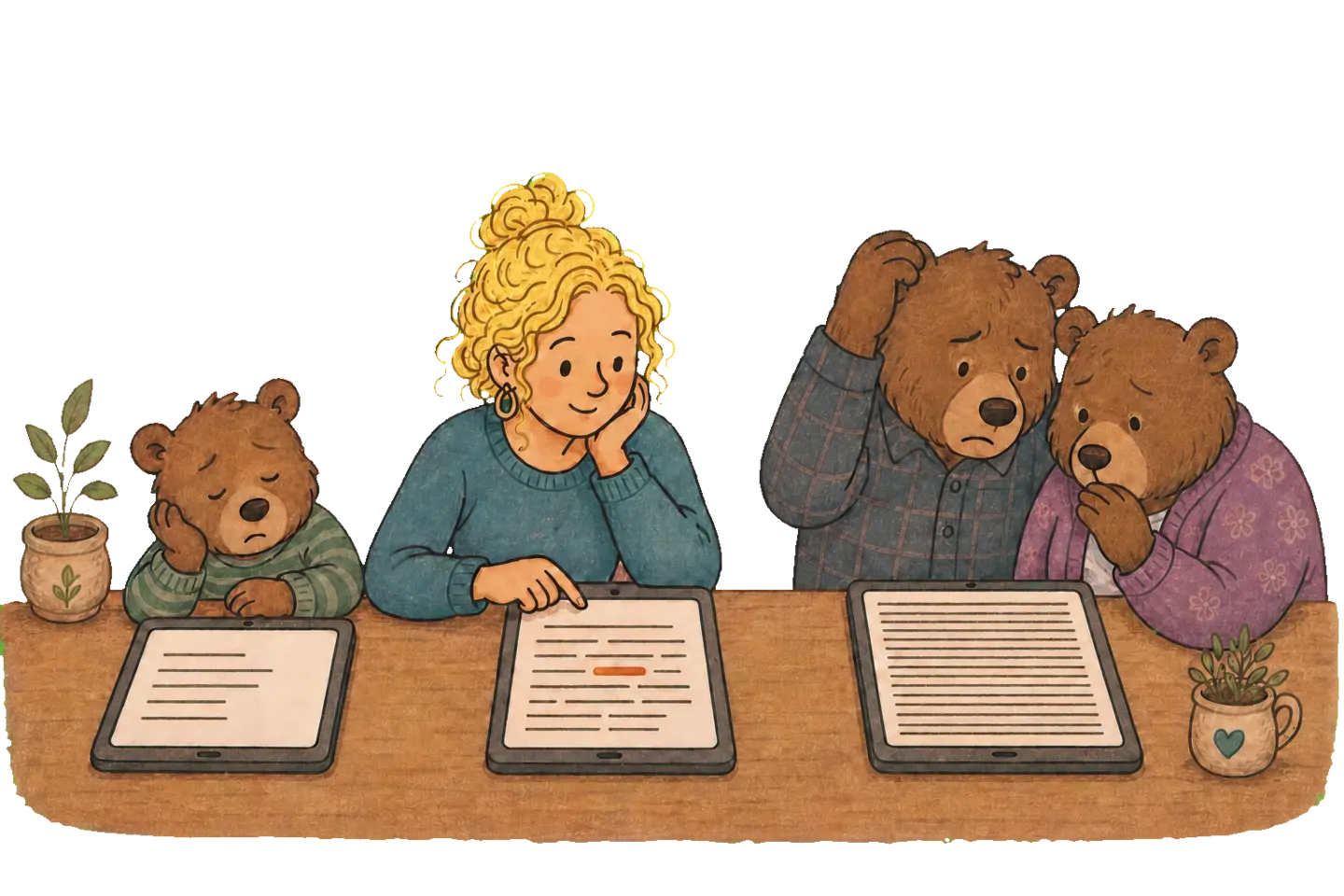Three readers at a table: a bored bear with an easy story, Goldilocks absorbed in one that fits, and two frustrated bears with one that is too hard.